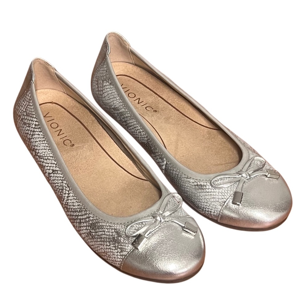Vionic Minna Silver Metallic Leather Ballet Flats Bow Women’s Size 6